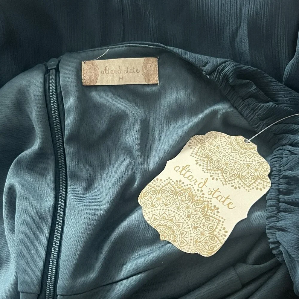 NWT Altar'd State Teal Blue Sheer Sleeve Square Neck Mini Dress Womens sz M - Picture 4 of 5